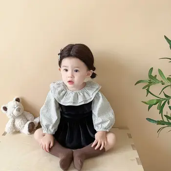 2023 Koreja Jeseni Baby Dekle 2PCS Oblačila, ki Bombaž Trakovi Ruffle Ovratnik, Dolgi Rokavi Top Suspender Romper Obleko za Malčke Dekle Outift