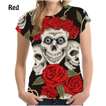 2023 Žensk Poletje Moda Smešno Gothic Lobanje Rose 3D Tiskanih Majica Black Krog Vratu Kratek Rokav