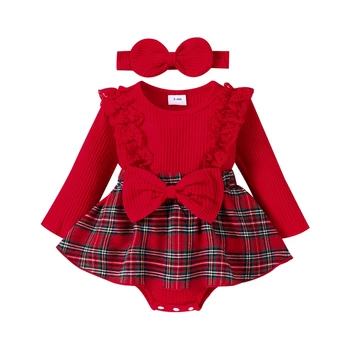 Baby Girl Obleke z Dolgimi Rokavi Ruffle Čipke Romper Kariran Krilo Obleko z Glavo Božič Oblačila, ki