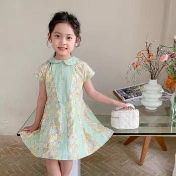 Dekle Kratek Rokav Obleka francoski Pastorala Slog Sweet Oblačenja Cvetlični potiskane mozaik obleko