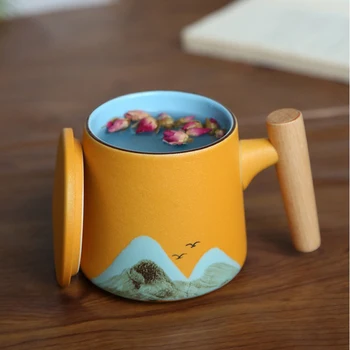Leseni Ročaj Keramični Vrč s Pokrovom Retro Čaj Skodelico s Filtrom Čaj Vode Ločilo Čajnik Mleko Čaj Skodelice Kitajskega Porcelana