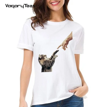Mačke tace in Božjo roko tiskanja Dekle majice s kratkimi rokavi Ženske Harajuku ulične Smešno risanka o-vratu tshirt vrhovi ženske T-shirt