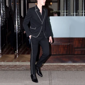 Moda Črne Obleke Za Moške Zapenjanje Formalnih Poslovnih Jopič Poroko Ženina Jopičem Slim Fit 2 Kos Suknjič Hlače Kostum Homme