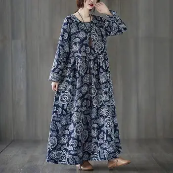 Modni O-Vratu Natisnjeni Razrezana Gube Priložnostne Dolga Obleka ženska Oblačila 2023 Jeseni, Pozimi Prevelikih dnevnih migrantov, Cvetlični Obleko