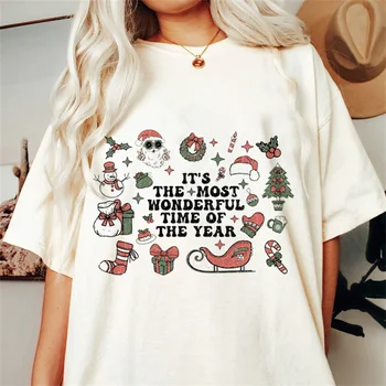 Vzorec Trend Belega T-Shirt Vrhu Božične Nogavice Zimske Ženske Kratka Sleeved Oblačila Počitnice Krog Vratu Natisnjeni Modni T-Shirt
