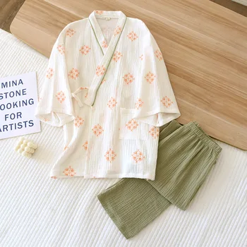 Ženske Japonski Slog Bombaž Kimono Pižame z Dolgimi Rokavi Celotno Dolžino Gaza Domov Oblačila Gumb Čipke Loungewear Proti-Vrat Nightwears